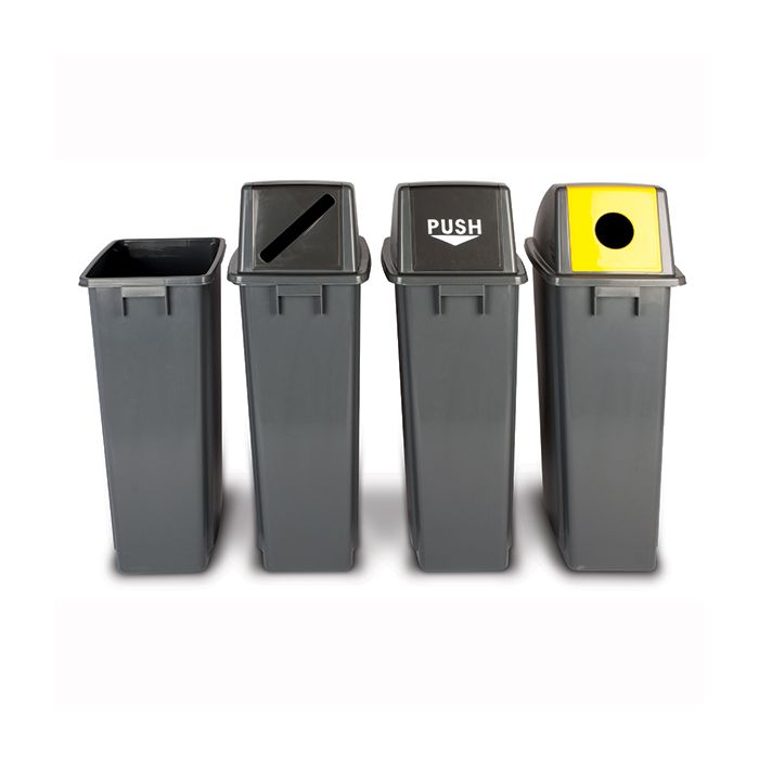 Tret-Abfallbehälter mit Rollen, PP, BxTxH 380x490x700 mm, 60 Liter, grau/rot, Rolltonnen, Tret-Abfallbehälter, Abfall- und Wertstoff, Umwelt
